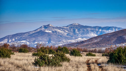 Scenic view of snowcapped mountains against sky