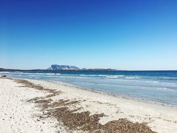 Scenic view of beach against clear blue sky