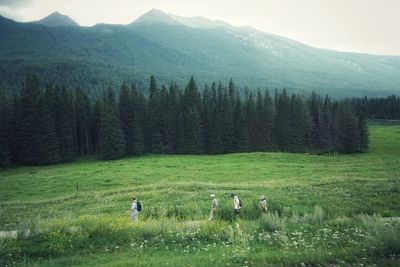 People walking on field against mountains