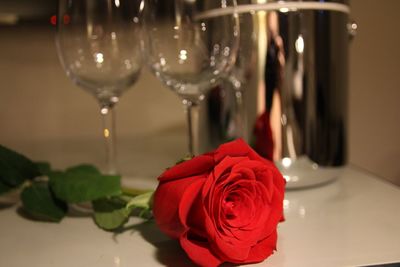 Close-up of red rose in glass on table