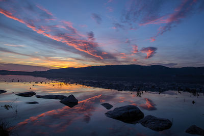 Scenic view of calm water against dramatic sky