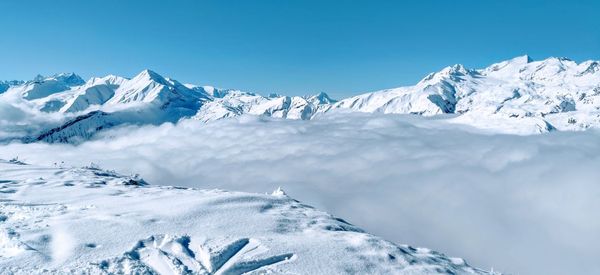 Scenic view of snowcapped mountains against sky