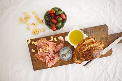 High angle view of food served on table