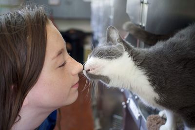 Close-up of girl and cat face to face at home