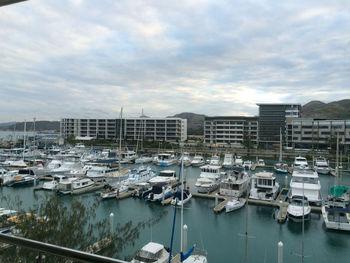 Sailboats moored at harbor