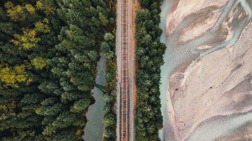 High angle view of railroad track by trees 