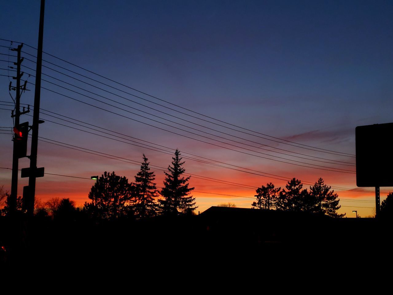 SILHOUETTE TREES AND ELECTRICITY PYLON AGAINST ROMANTIC SKY