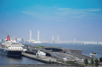Passenger ship terminal and bay bridge at the port of yokohama, japan