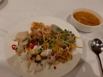 High angle view of food served in plate