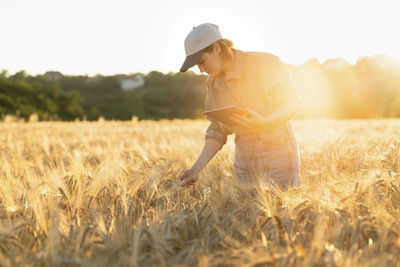 Woman holding digital tablet in field at sunset examining barley ear