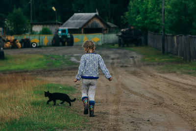 Rear view of woman with dog walking on street