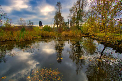 Reflection of trees in lake against sky