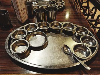 High angle view of wine glasses on table