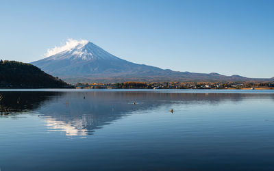 Scenic view of lake and mountains against clear blue sky