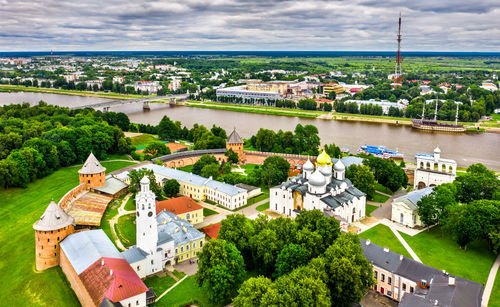 High angle view of buildings in city