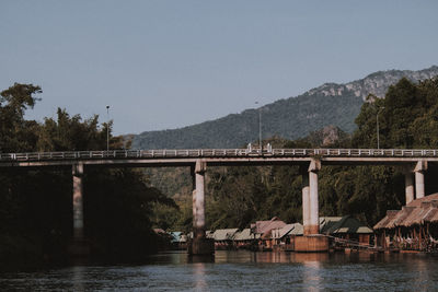 Bridge over lake against clear sky