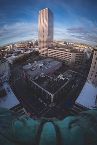High angle view of illuminated cityscape against sky