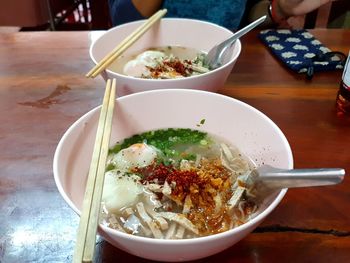 High angle view of food in bowl on table