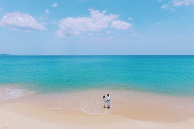 Rear view of man overlooking calm sea