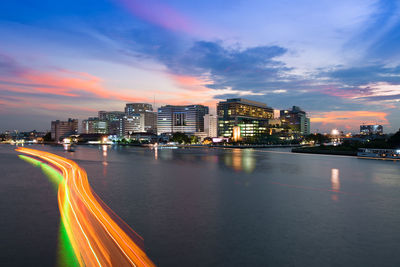 Panoramic view of illuminated city buildings against sky at dusk