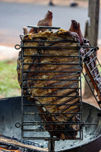 Close-up of meat on barbecue grill