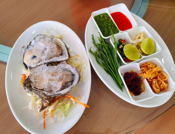 High angle view of meal served on table