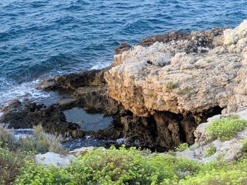 High angle view of rocks on beach