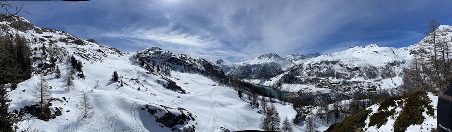 Panoramic view of snowcapped mountains against sky