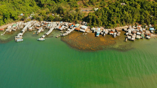 Houses community standing in water in fishing village. city port on balabac island