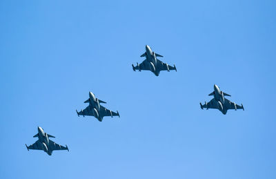 Low angle view of fighter airplanes flying against clear sky