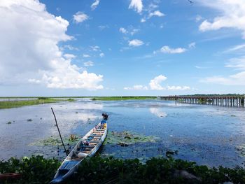 High angle view fishing boat on lake