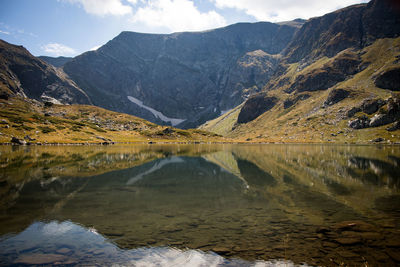 Scenic view of lake and mountains against sky