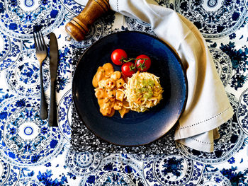 High angle view of breakfast served on table