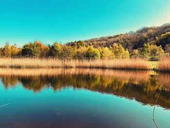 Scenic view of lake against clear sky