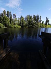 Scenic view of lake in forest against sky