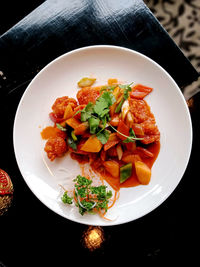 High angle view of food in plate on table