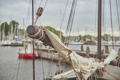 Rigging on an old sailing ship in denmark. focus on the mast