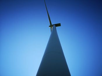 Low angle view of windmill against clear blue sky