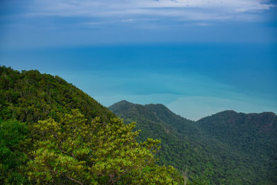 Beautiful stunning scenic panoramic view of langkawi from the top of gunung mat chincang mountain