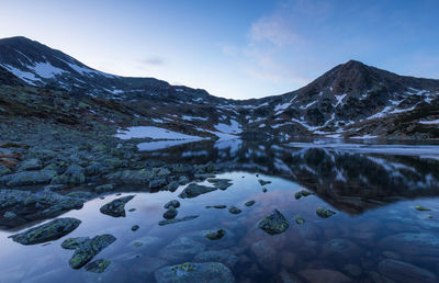 Scenic view of lake by snowcapped mountains against sky