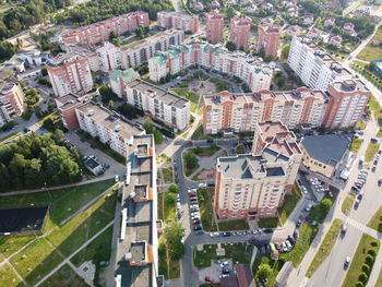 High angle view of street amidst buildings in city