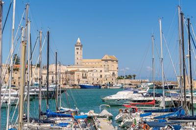 Sailboats moored in harbor against clear sky