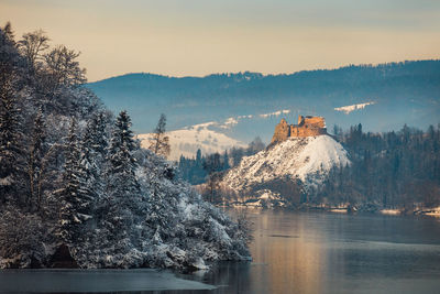 Panoramic view of lake and buildings against sky