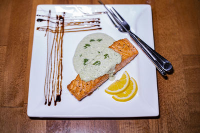 High angle view of breakfast served on table