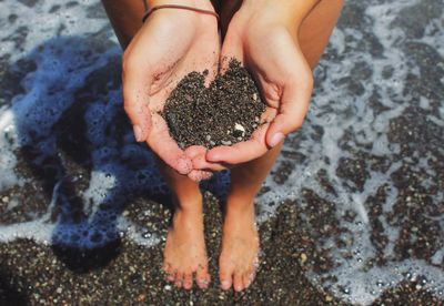 High angle view of hand holding sand on beach