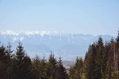 Scenic view of snowcapped mountains against clear sky