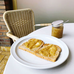High angle view of breakfast served on table
