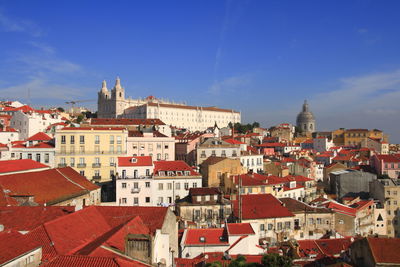 High angle view of buildings in town against sky