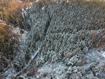 High angle view of snow covered land