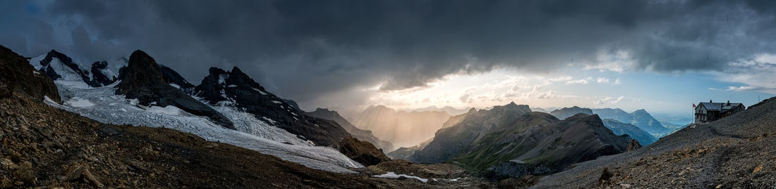 Panoramic view of snowcapped mountains against sky